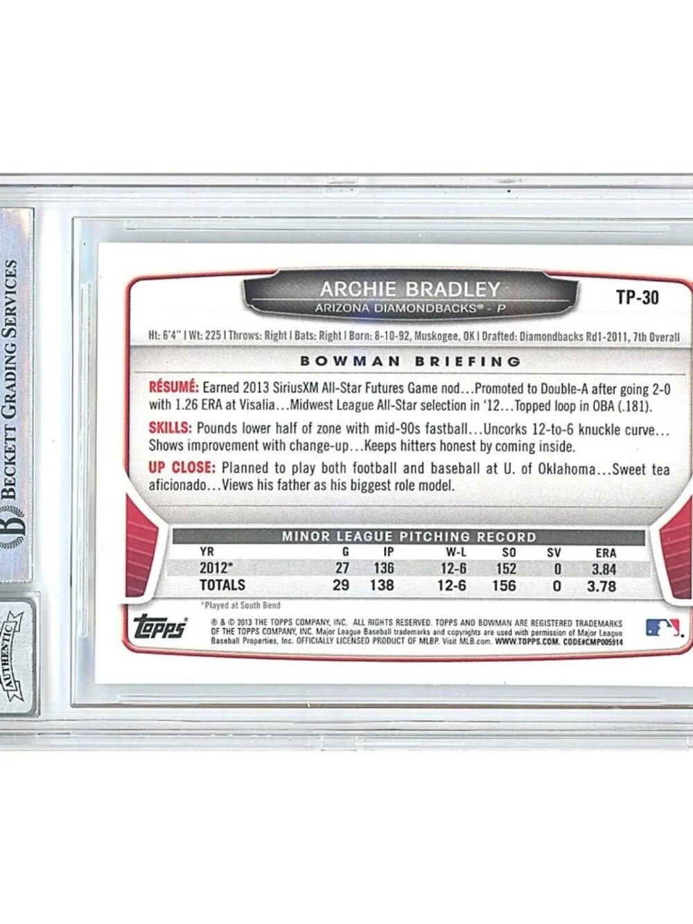 Archie Bradley Signed 2013 Bowman Draft #TP30 Rookie Card Beckett BAS Auto 10